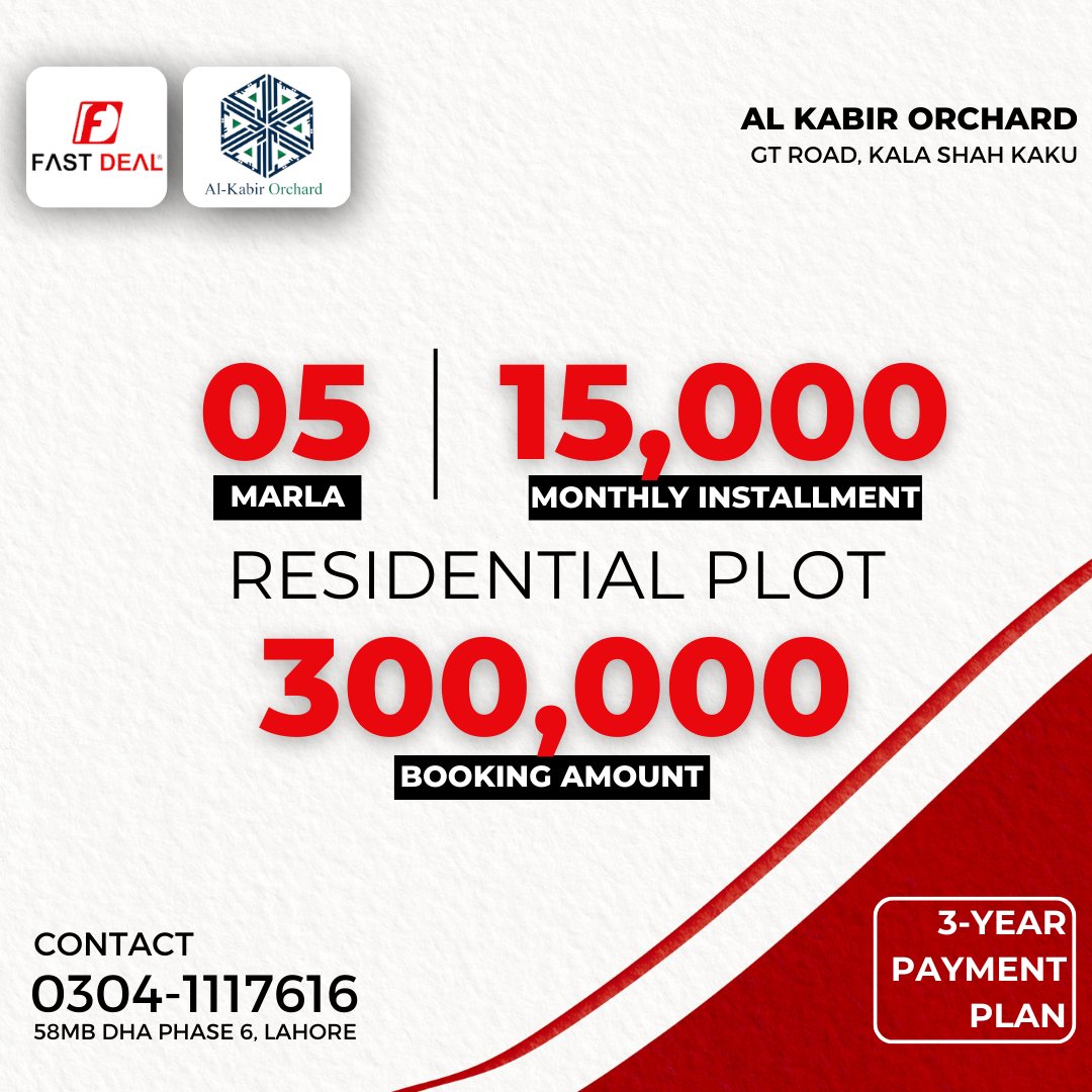 FASTDEALOFFICIA's tweet image. Live your dream of owning a piece of paradise with Al Kabir Orchard's affordable 5 Marla plots! Own one now with just 15000 monthly installments.

#AffordableHousing #5MarlaPlot #AlKabirOrchard #MonthlyInstallments #DreamHome #RealEstate #FastDeal