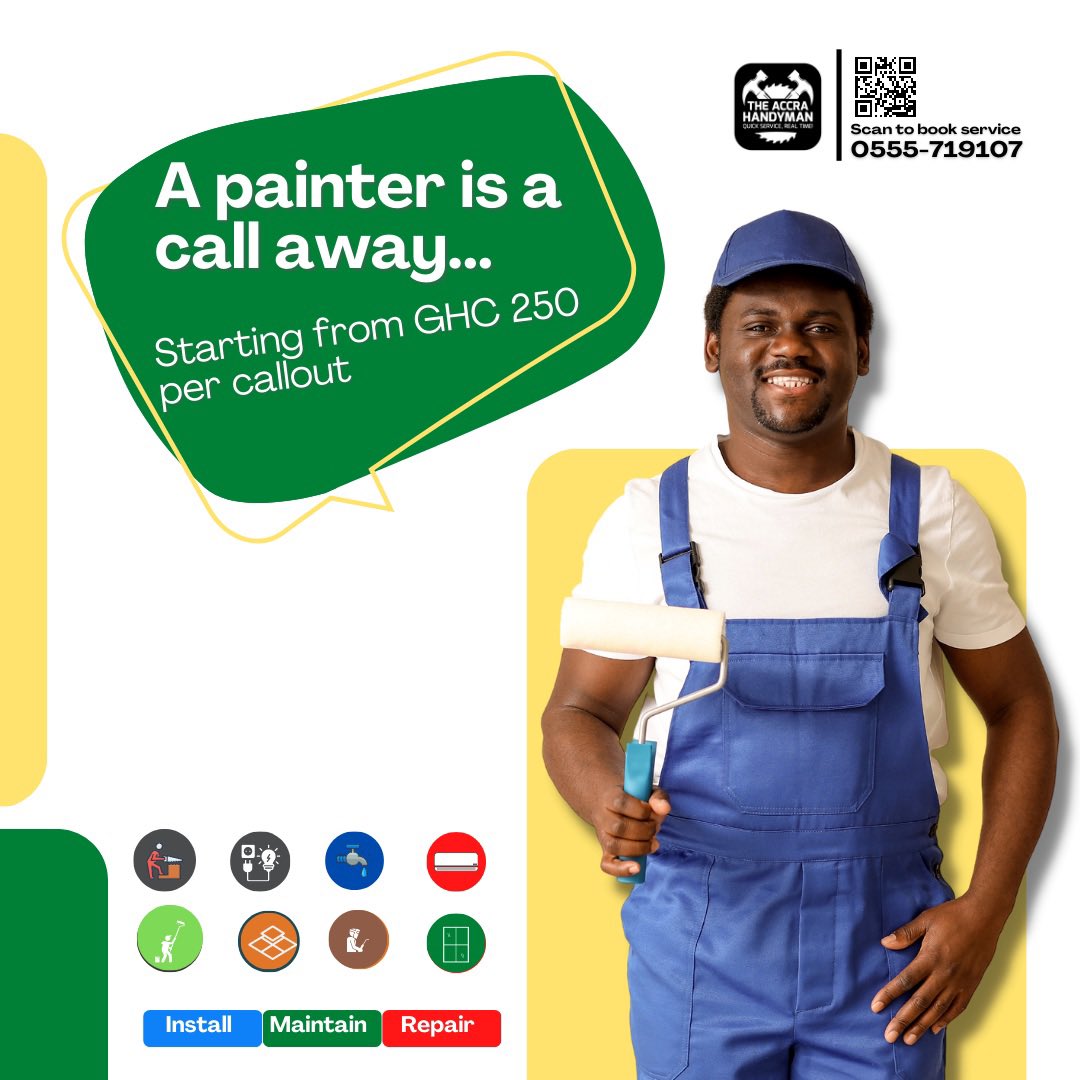 accrahandyman's tweet photo. Need a handyman in #Accra? Look no further! Our team offers a wide range of home repair and maintenance services to keep your property in top condition. Call us today to schedule an appointment #handyman #homeservices #Accra https://t.co/S5Ji1vaSvm