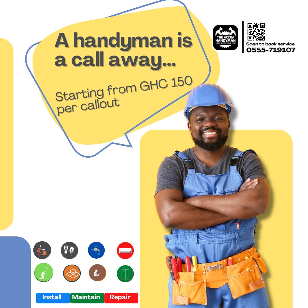 accrahandyman's tweet photo. Need a handyman in #Accra? Look no further! Our team offers a wide range of home repair and maintenance services to keep your property in top condition. Call us today to schedule an appointment #handyman #homeservices #Accra https://t.co/S5Ji1vaSvm