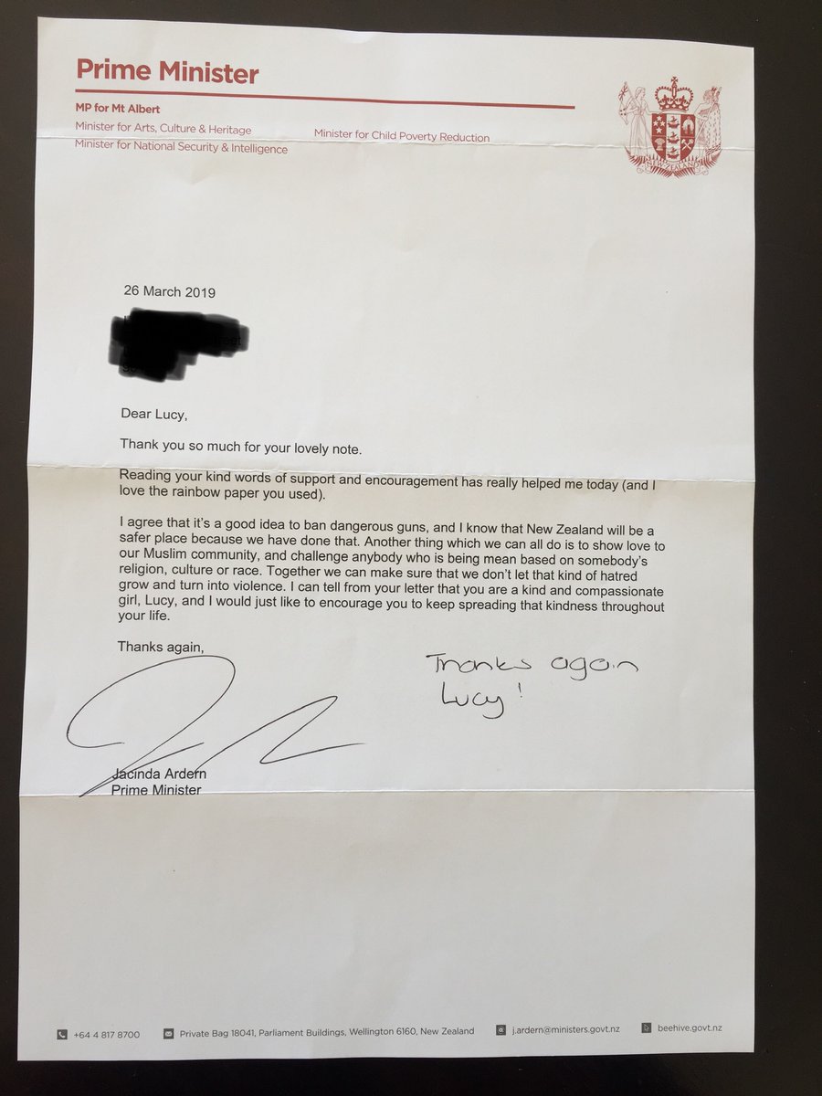 After the mosque attacks, my then 8-year-old wrote to Jacinda Ardern, thanking her for being Prime Minister and saying she thought it was a good idea to ban the dangerous guns. Today seems like a good day to re-post the letter she got back a few days later.