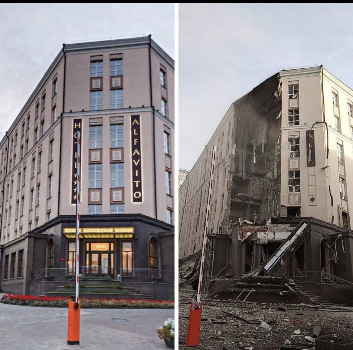 JonKarlung's tweet photo. Det här hotellet i Kyiv förstörde de satans mördarna på nyårsafton. Bahnhof bodde på det 2017 (då vi även firade midsommar i Tjernobyl). Fantastiskt att våra systemutvecklare i Ukraina håller modet uppe &amp; kämpar i vardagen. Strömmen kommer &amp; går men det fungerar! Slava Ukraini! https://t.co/9G4pqkEsSJ