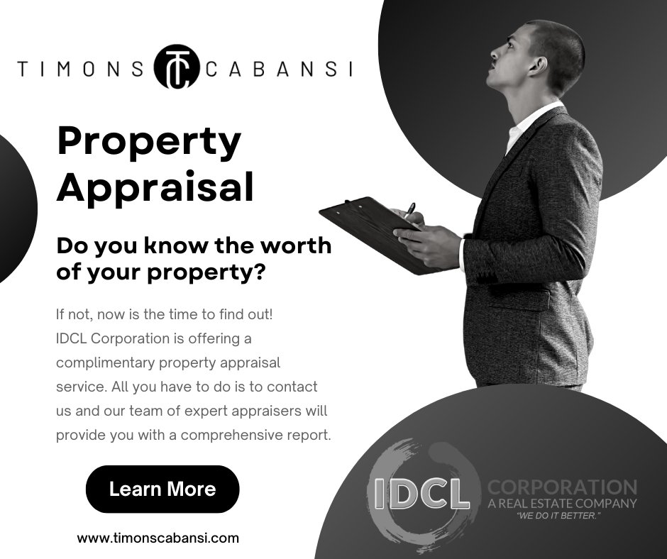 ✍️IDCL Corporation provides real estate appraisal services to help you know the worth of your property. 

Whether you're buying, selling, or financing, our licensed appraisers will give you the objective value of your home. 

#propertyappraisal #timonscabansi #expectbetter