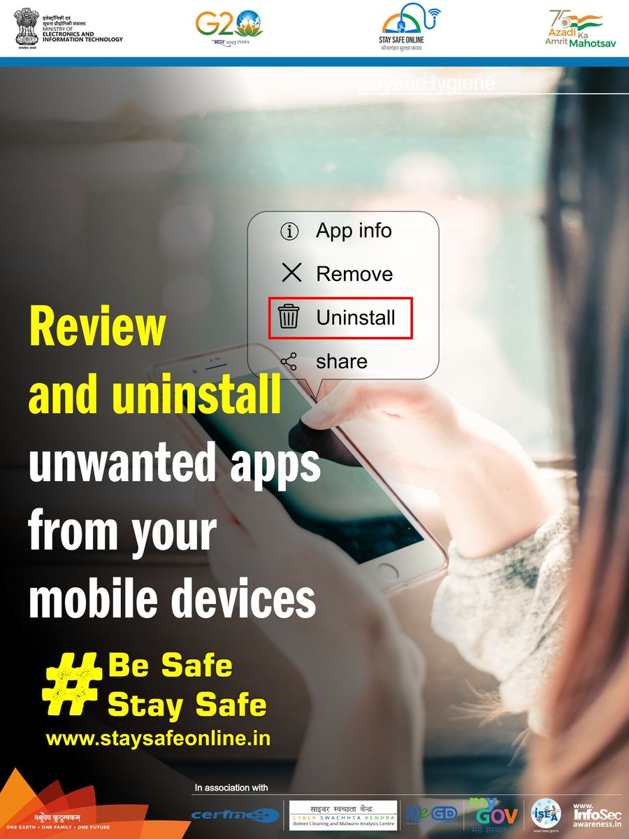 InfoSecAwa's tweet image. #StaySafeOnline #infosecawareness
Review and uninstall unwanted apps from your mobile devices  #besafe #staysafe
#deleteit #mobile
Visit to know more: staysafeonline.in