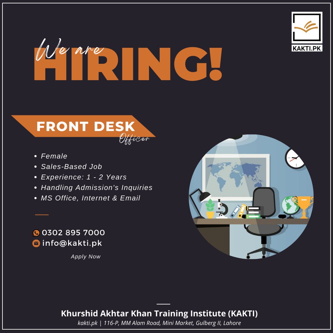* FRONT DESK OFFICER | HIRING

Apply now:
0302 8957000

#Job #Hiring #FrontDeskOfficer #KAKTI #KAKTITrainings #KAKTICourses #KAKTIEvents

--
KAKTI
A Professional Courses' Institute
kakti.pk