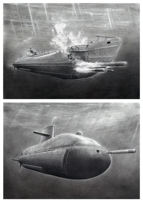 【古今潜水艦】#鉛筆画「海大6A型 潜水艦 伊168」(上)と「Angel Shark -潜水艦 おやしお-」(下)
古今の潜水艦の魚雷発射シーンを比較できる2作品。「おやしお」は潜水艦艦長を務められた方(故人)にたくさん助けてもらいました。制作時のやり取りは良い思い出です。
#鉛筆艦船画 #菅野泰紀 