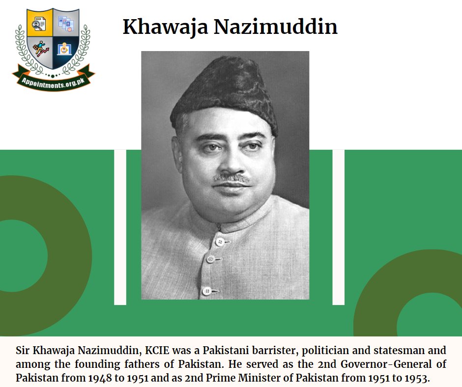 AppointmentsTS's tweet photo. Sir Khawaja Nazimuddin was a Pakistani barrister, politician and statesman and among the founding fathers of Pakistan. He served as the 2nd Governor-General of Pakistan from 1948 to 1951 and as 2nd Prime Minister of Pakistan from 1951 to 1953.
Facebook: https://t.co/tgrXxcl3DA https://t.co/yGbh03sj0z