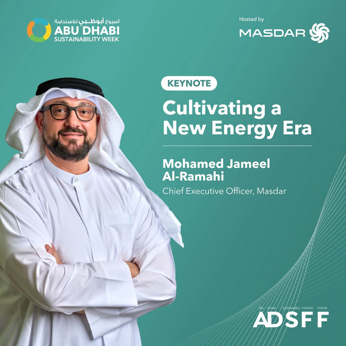 ADSWagenda's tweet photo. Are you attending Abu Dhabi Sustainable Finance Forum #ADSFF?
Don't miss Mohamed Jameel Al Ramahi, CEO of @Masdar's keynote on key outcomes of #ADSW2023, the latest developments in #Masdar’s journey, and hopes for a pivotal year ahead. https://t.co/jCfM2dVkuE