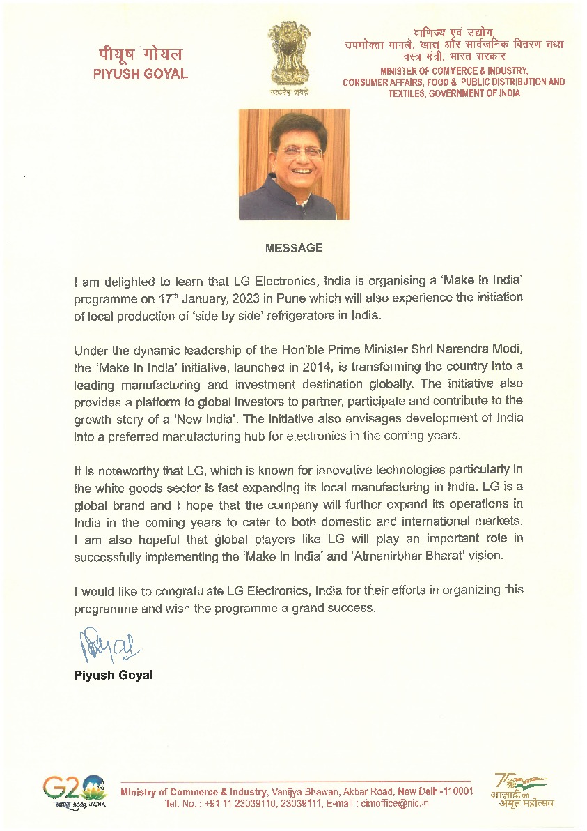 We are glad to announce that Shri <a href="/PiyushGoyal/">Piyush Goyal</a>, Minister Of Commerce &amp; Industry has appreciated our efforts in establishing a manufacturing unit of #MakeInIndia Side By Side Refrigerator. We hope that this step towards #AtmaNirbharBharat will empower us all. 
<a href="/makeinindia/">Make in India</a> <a href="/CimGOI/">Minister of Commerce and Industry</a>
