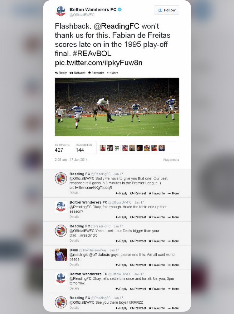 JohnLawrence329's tweet photo. 9 Years ago today ! The best bit of banter between 2 clubs @ReadingFC  &amp; Bolton
Absolute Class, light humour with @A1F1E9 “Our Dad” 🤣 
This is what football is all about !! 
Fantastic 7-1 victory ! @willow1871  @TimDellor @Club1871  @ElmParkRoyals @BerkshireBoys_ @STARReading https://t.co/ShSltKR7pC