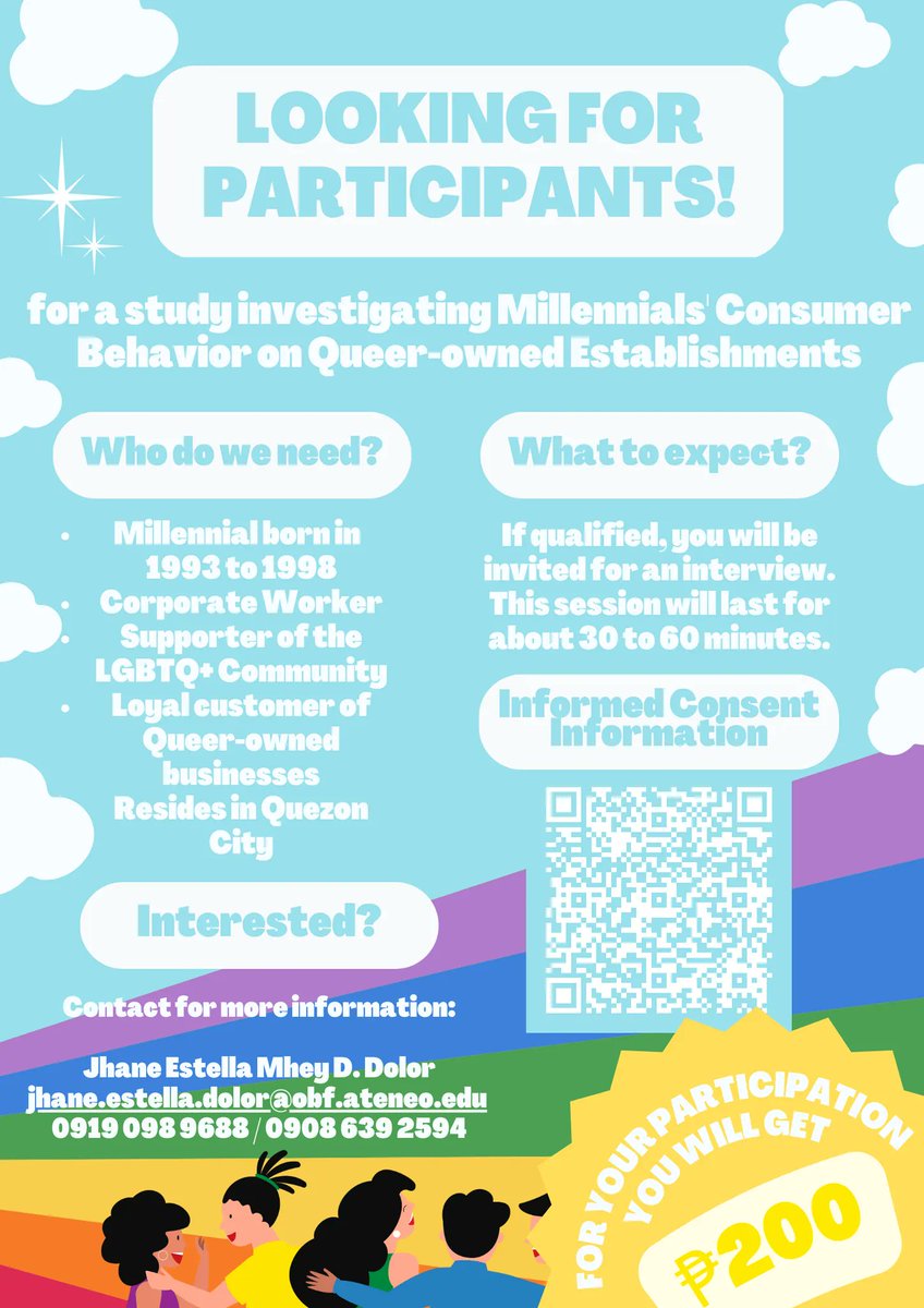 jemxdlr's tweet photo. CALLING FOR INTERVIEWEES!! 📢

Good Day! We are group of students from the Ateneo de Manila University-SHS, gathering respondents for our research study regarding Millennials' Consumer Behavior on Queer-Owned Establishments.

For more information, don't hesitate to contact us! https://t.co/TWNIBUqWOD