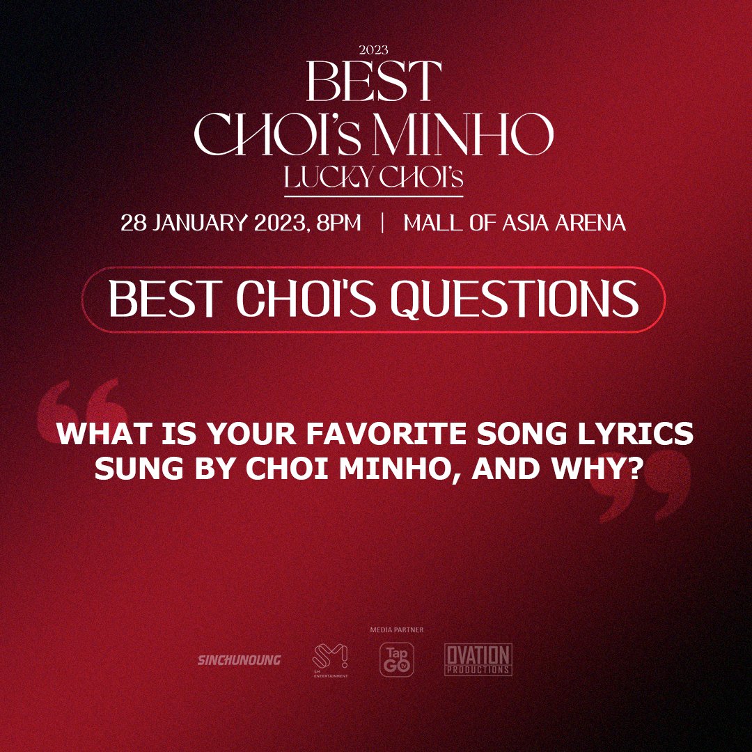 ovationprod's tweet photo. Minho’s songs really strike through the heart with their heartfelt music and relatable lyrics. 

Tell us your favorite song lyrics and why by answering the question and using our official hashtags.

#SHINeeMinhoinManila2023 
#2023_BEST_CHOIs_MINHO 
#BestChoisQuestions https://t.co/lmYQtgkqsK