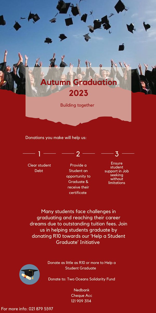 twooceanslux's tweet photo. Join us in helping 20 previously disadvantaged students Graduate by donating as little as R10 or more to clear their student debts this Autumn 2023 Graduation!

To Donate: 

Two Oceans Solidarity Fund
Nedbank
Current Account
121 909 3114

#RTForAwereness
#HelpAStudentGraduate https://t.co/XM0jWOJSIk