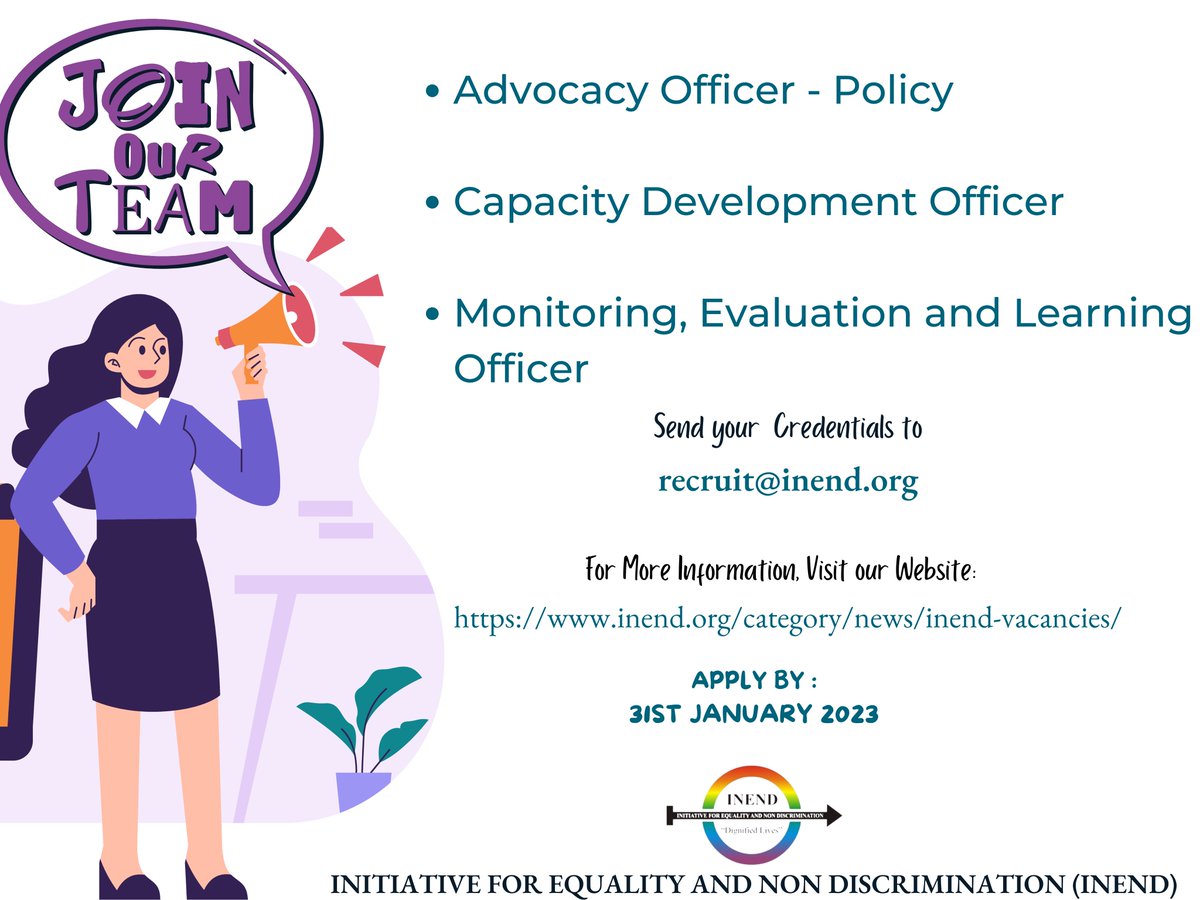 JOIN OUR TEAM!
Applications are open for:
Advocacy Officer-Policy
Capacity Devpt Officer
Monitoring, Evaluation & Learning officer

Location:Mombasa-Kenya
Closes on 31st January 2023

Apply Here:
inend.org/category/news/…

 #Feministopportunities #FeministJobs #IkoKaziKE