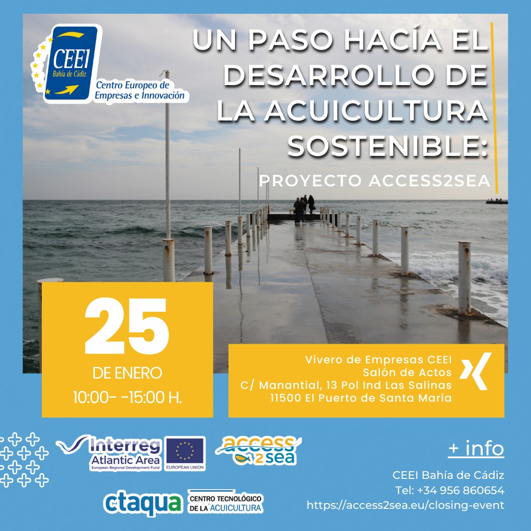 Access2Sea (@access2sea) on Twitter photo Los socios del Proyecto <a href="/Access2Sea/">Access2Sea</a> (<a href="/Interreg/">Richard Morton</a> Atlantic Area), les invitan al Encuentro "UN PASO HACIA EL DESARROLLO DE LA ACUICULTURA SOSTENIBLE", que tendrá lugar el próximo 25/1/23 en las instalaciones de <a href="/ceeibahia/">CEEI Bahía de Cádiz</a>.
Más info y registro: access2sea.eu/closing-event/ Los socios del Proyecto <a href="/Access2Sea/">Access2Sea</a> (<a href="/Interreg/">Richard Morton</a> Atlantic Area), les invitan al Encuentro "UN PASO HACIA EL DESARROLLO DE LA ACUICULTURA SOSTENIBLE", que tendrá lugar el próximo 25/1/23 en las instalaciones de <a href="/ceeibahia/">CEEI Bahía de Cádiz</a>.
Más info y registro: access2sea.eu/closing-event/