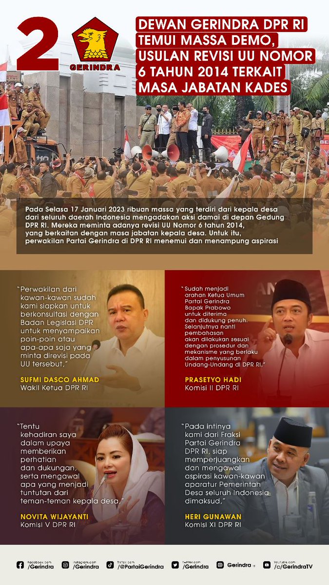 Pada Selasa 17 Januari 2023 ribuan massa yang terdiri dari kepala desa dari seluruh daerah Indonesia mengadakan aksi damai di depan Gedung DPR RI. Mereka meminta adanya revisi UU Nomor 6 tahun 2014, yang berkaitan dengan masa jabatan kepala desa.

<a href="/Don_dasco/">🄳🄰🅂🄲🄾</a>
<a href="/HeriGunawan88/">Heri Gunawan</a>