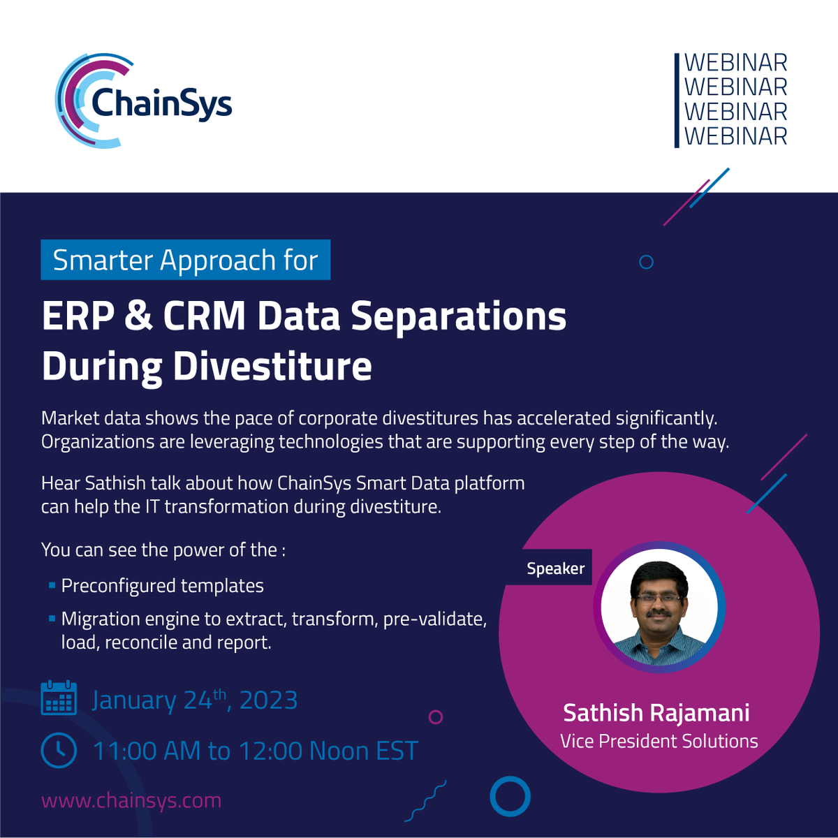 chainsys's tweet image. Join us to know how to simplify the tangled complexity of managing, aligning and separating data of  ERP and CRM applications during a Divestiture. 

Register Here: buff.ly/3XFc7DR 

#CRMapplications #ERPapplications #datamanagement