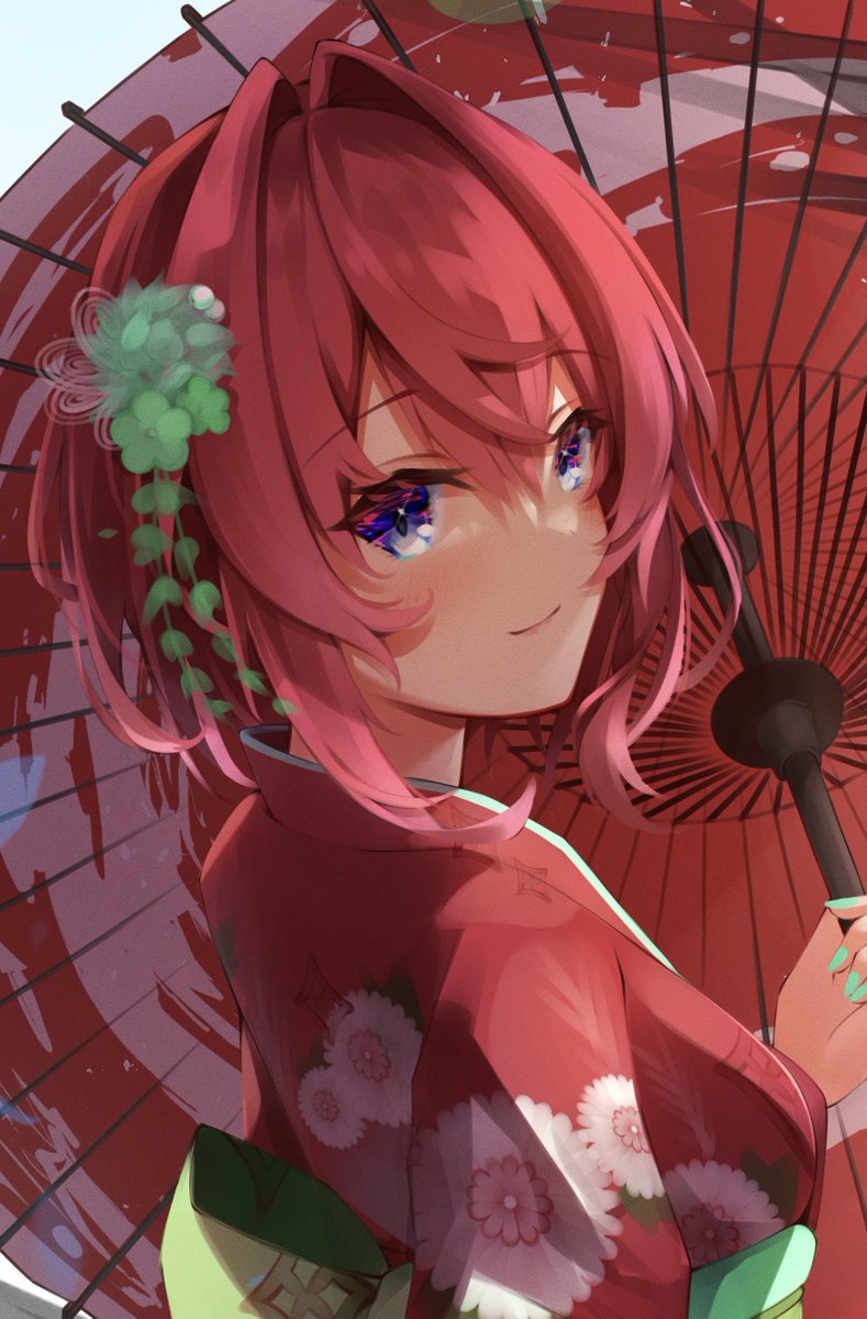 ange katrina 1girl umbrella japanese clothes kimono solo oil-paper umbrella red hair  illustration images