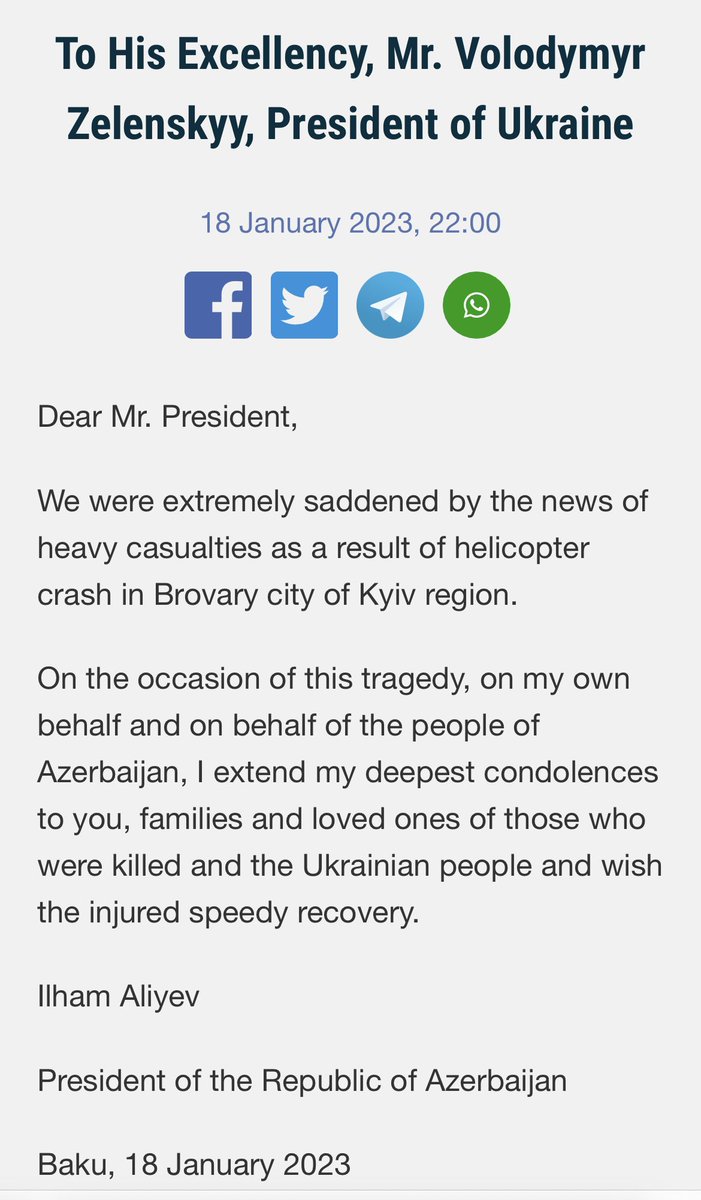 LAbdullayevaMFA's tweet photo. Le président I.Aliyev 🇦🇿 a exprimé ses sincères condoléances au président V.Zelenskyy 🇺🇦 et au peuple ukrainien:

“Je vous présente mes plus sincères condoléances, ainsi qu'aux familles et aux proches de ceux qui ont été tués, ainsi qu'au peuple ukrainien”.

@UKRinFRA https://t.co/Xl36J53u0T
