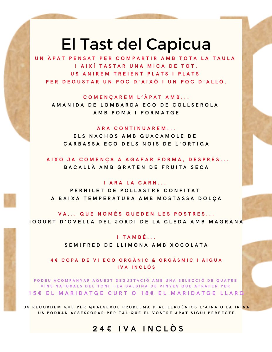 cuinetescapicua's tweet photo. JA ESTEM DE TORNADA!
AQUEST VESPRE!
DIVENDRES AL VESPRE!
I DISSABTE MIGDIA I NIT!
Heu vist el #TastdelCapicua i els #DegustacionsdelCapicua q farem aquest #CapdeSetmana?
#DijousNit, #DivendresNit, #DissabteMigdia i #DissabteNit! https://t.co/Mt5xMdeH1i