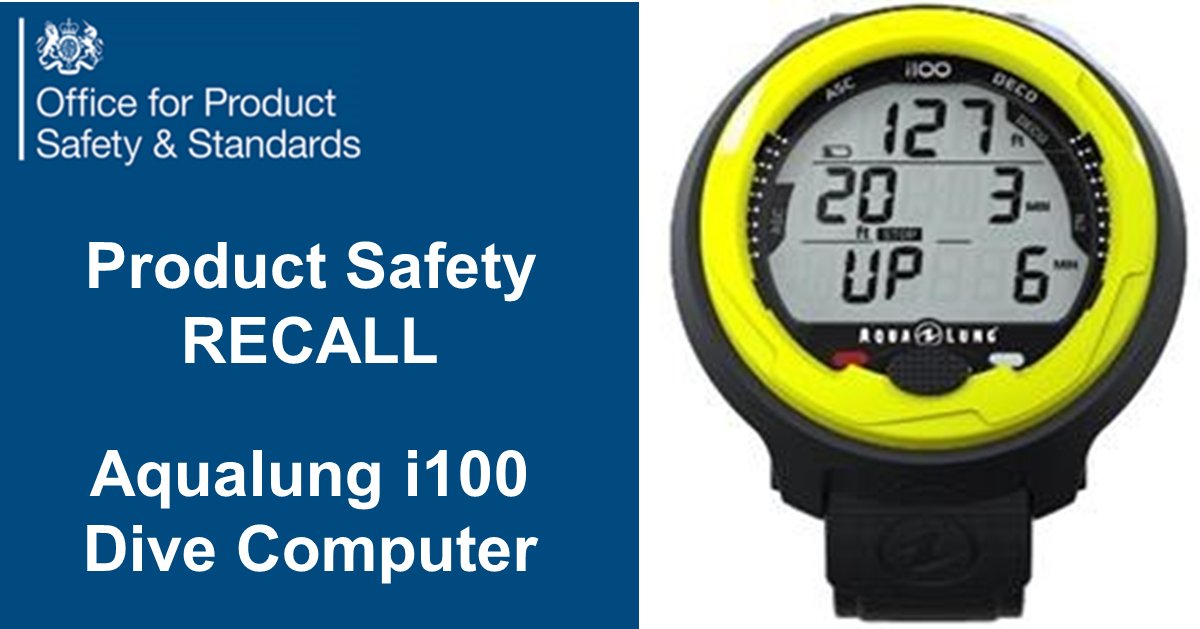 Product recall for Aqualung i100 Dive Computer (2301-0032) presenting a risk to health as the equipment can display the dive time incorrectly, which could result in decompression sickness.

shorturl.at/htzDF

#productrecall #ukrecallsandalerts