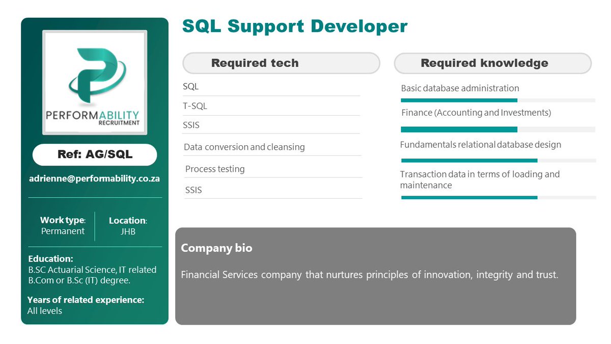 _Performability's tweet photo. Hiring an SQL Developer for a client in Johannesburg. Please send your CV to mpho@performability.co.za, or alternatively the given email address if you meet these requirements or know someone who does. #hiring #Jobs #developers https://t.co/uTHcMp38oj