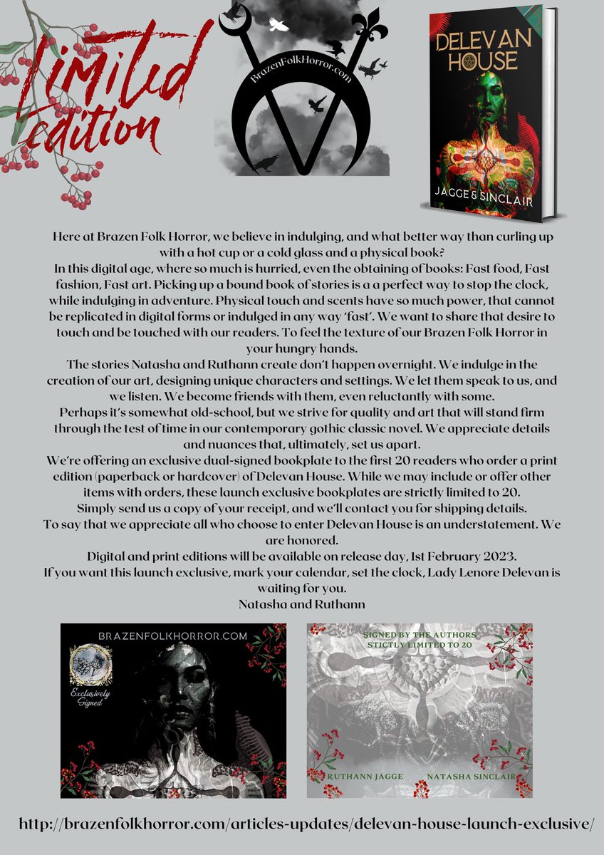 ‼️It’s Almost Launch Time‼️
Come, #BeBrazen With #BrazenFolkHorror
💚🖤😈
#DelevanHouse releases #Worldwide on February 1st 2023
⬇️
brazenfolkhorror.com/articles-updat…
⬆️
#Gothic #Mythology #FolkHorror #Historical #contemporary #DarkRomance #Fantasy #Sexy #Horror