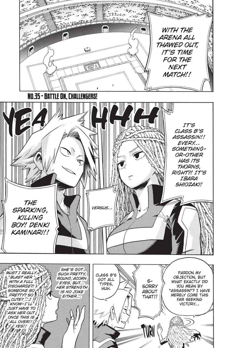 The weekly chapter starts with Kaminari already losing! These 2 pages were added in the volume!