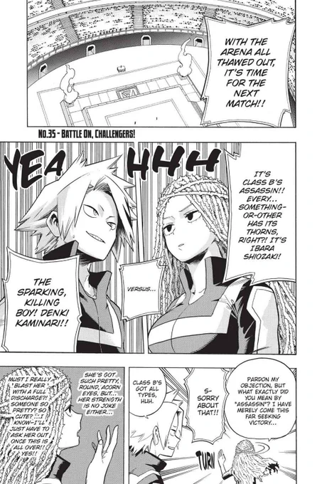 The weekly chapter starts with Kaminari already losing! These 2 pages were added in the volume! 