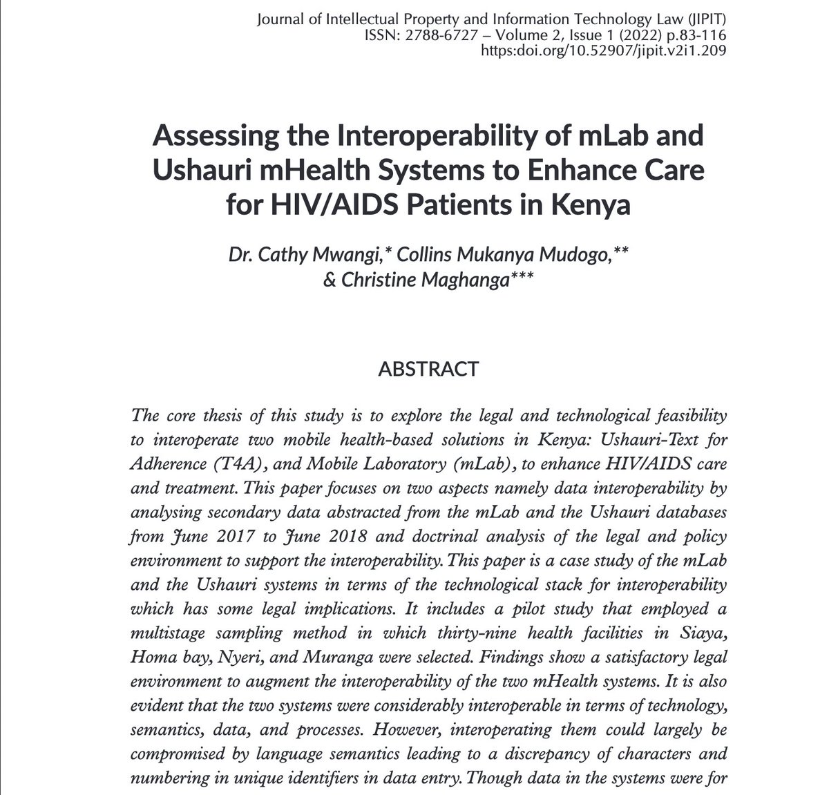 StrathCIPIT's tweet photo. Access Dr Cathy Mwangi, Collins Mukanya Mudogo and Christine Maghanga's article on the interoperability of mHealth systems here--https://t.co/5m1OFO4pxr. Below is a sneak peek! 🎉

#JIPIT_Vol2 #healthsystems #Interoperability #mLab #mhealth #ushauriT4A https://t.co/ikZYb7B2pL