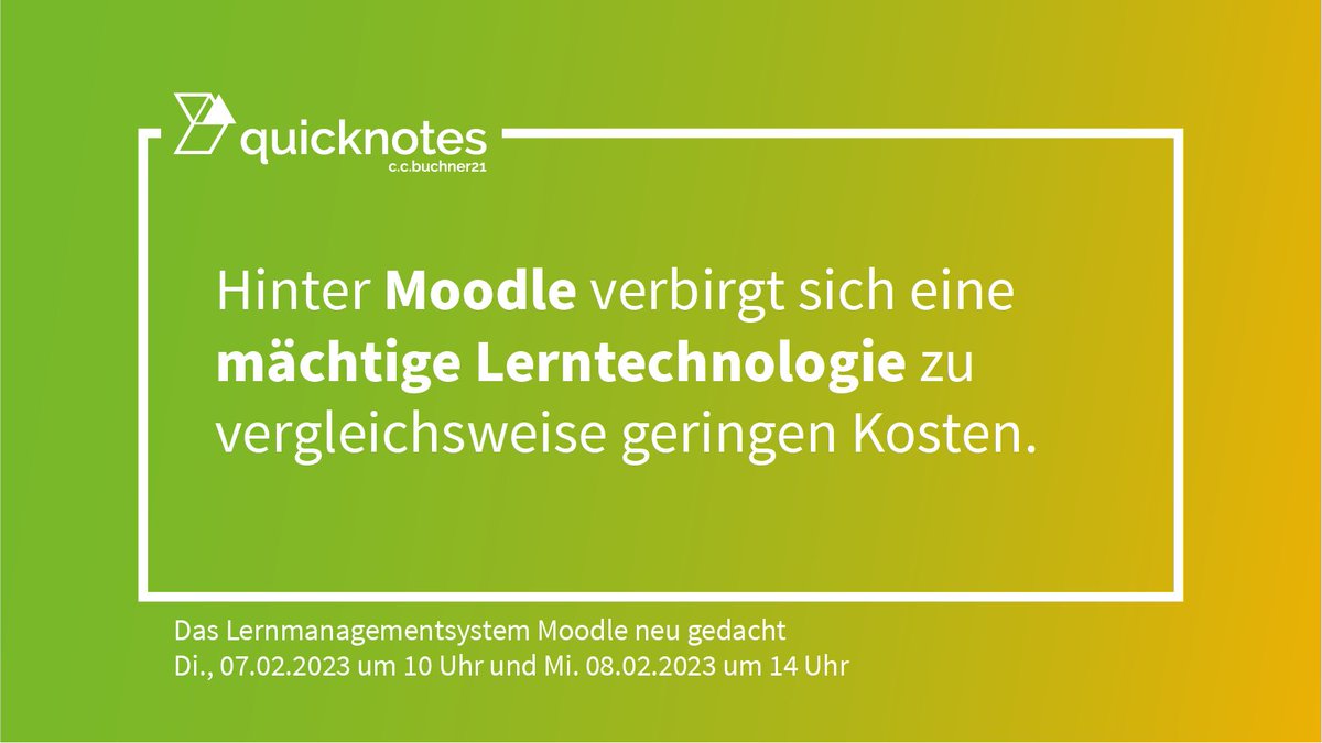 Unsere "quicknotes" starten am 7. Februar u. a. mit dem Thema "Das #Lernmanagementsystem #Moodle neu gedacht" - Di., 07.02.2023 um 10 Uhr und Mi. 08.02.2023 um 14 Uhr ▶️bit.ly/quicknotes-ele…