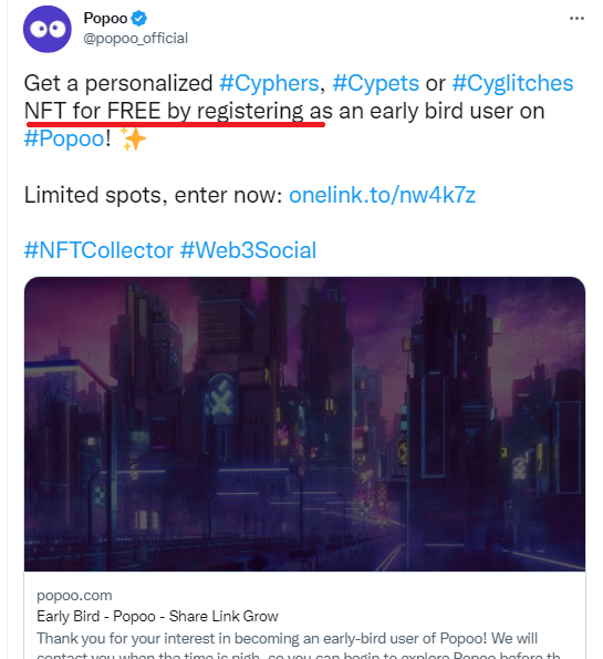 crypairdropcity's tweet photo. NFT for FREE by registering as an early bird user on #Popoo! ✨

Link  https://t.co/fjQXqf5SDy

Just input your email ID
Done.

Wait for More Updates
#NFTCollector #Web3Social  #Cyphers, #Cypets or #Cyglitches #Popoo #airdrop #fcfs https://t.co/64DTtbdP1Q