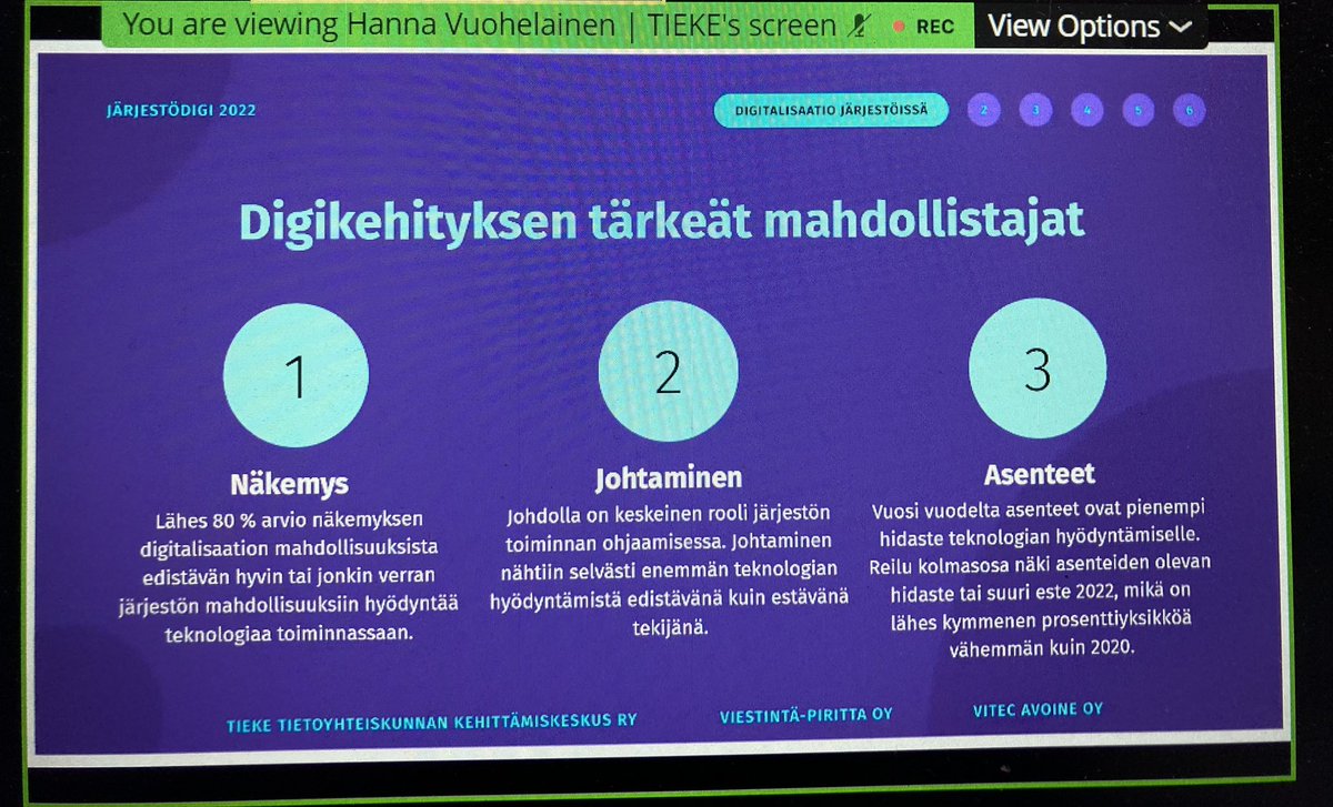 Näkemys, johtaminen, asenteet. Digikehityksen tärkeät mahdollistajat järjestöissä totesi <a href="/hvuohelainen/">Hanna Vuohelainen</a> juuri julkaistavan #järjestödigi -kyselyn julkkareissa. Resursseja ja osaamista unohtamatta. Datan käyttö uutena kulmana mukana. Tutustukaa 👍 #maapuhuu #järjestö #yhdistys