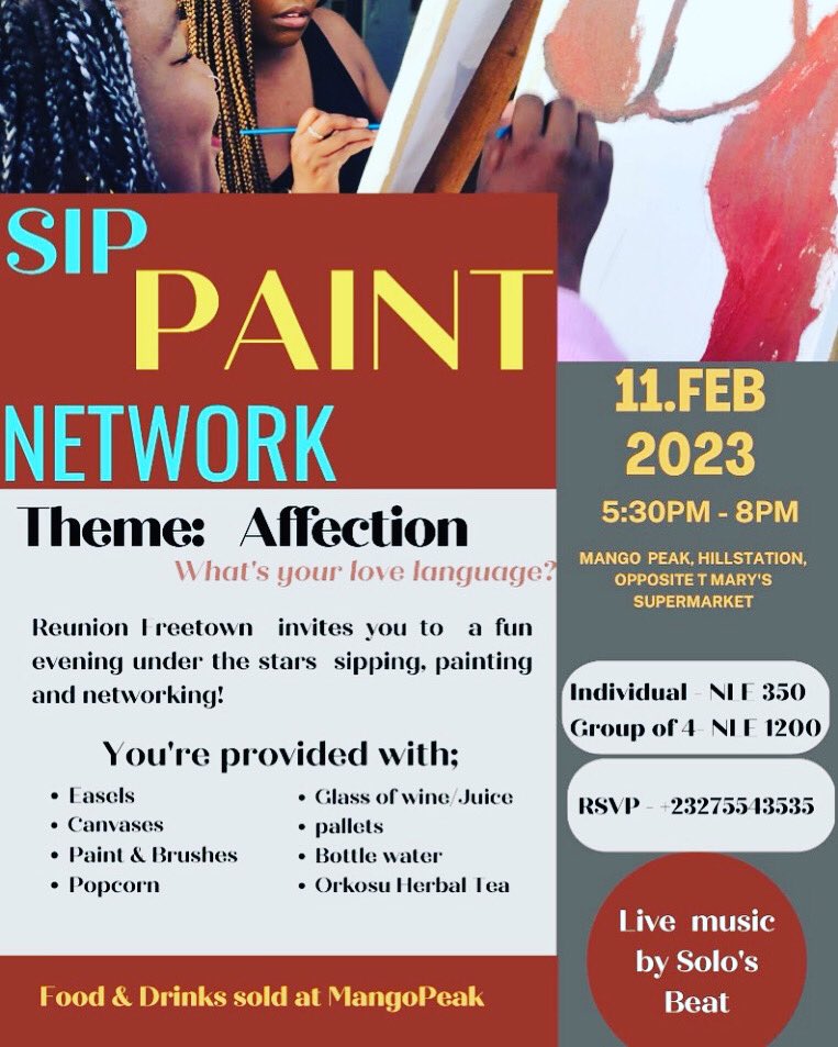 Do you know what your love language is?  

How do you express affection to your loved ones? 

How do you want affection to be shown to you? 

Put on your painting hats and us your love language through painting…

#salonetwitter #sippaintnetwork #art #ValentinesDay #freetown