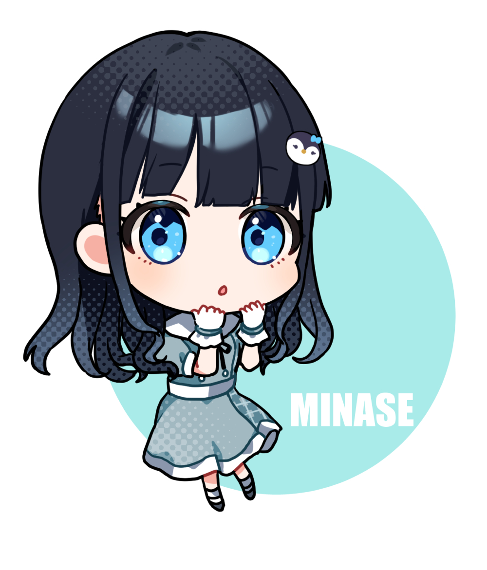 1girl chibi solo blue eyes black hair dress bangs  illustration images