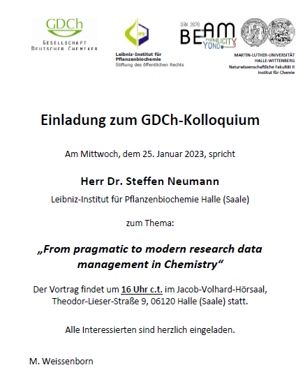 Einladung zum GDCh-Kolloquium mit Herrn Dr. Steffen Neumann (Leibniz-Institut für Pflanzenbiochemie Halle) am 25. Januar 2023, 16 Uhr c.t.