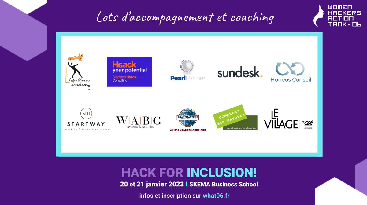 WhatHackers's tweet photo. Merci aux partenaires qui soutiennent #HackForInclusion !
Les lots d’accompagnement seront remis aux équipes gagnantes samedi soir.
📅 RDV les 20 et 21 janvier 2023 à Sophia Antipolis
👉 Dernières places disponibles : https://t.co/HtIpAAbZoo
#CotedAzurFrance #WomenInTech https://t.co/82ukqt4vgm