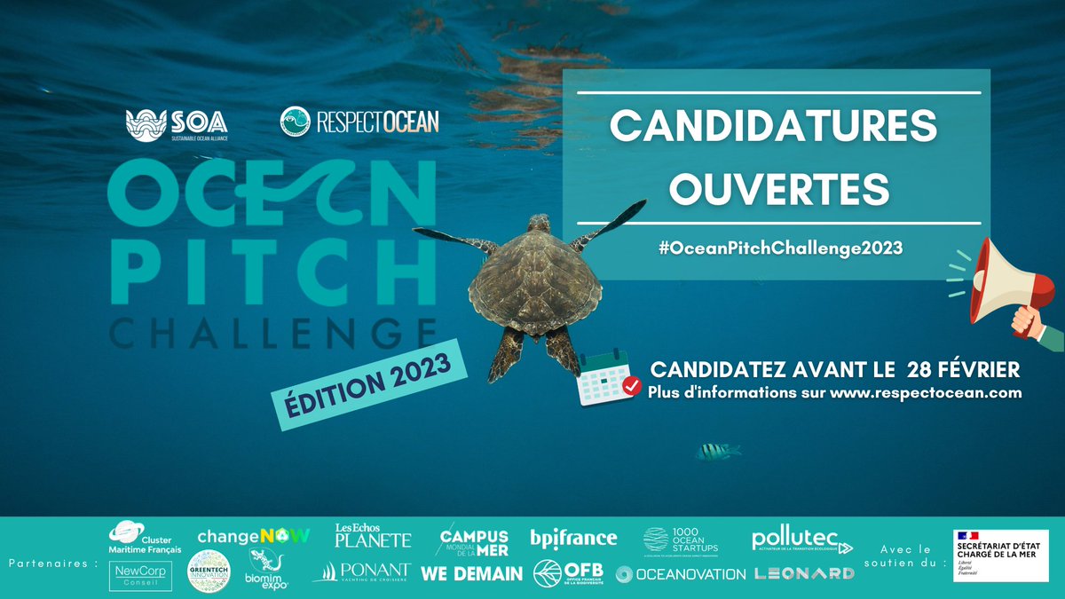 🏆🌊 #OceanPitchChallenge2023 : 𝙡𝙚𝙨 𝙘𝙖𝙣𝙙𝙞𝙙𝙖𝙩𝙪𝙧𝙚𝙨 𝙨𝙤𝙣𝙩 𝙤𝙪𝙫𝙚𝙧𝙩𝙚𝙨 !
Vous avez une solution ? Vous portez un projet ou une innovation qui contribue à préserver l’Océan ?Candidatez dès aujourd’hui à l'Ocean pitch challenge® 2023 !

▶️ bit.ly/3kahYCO