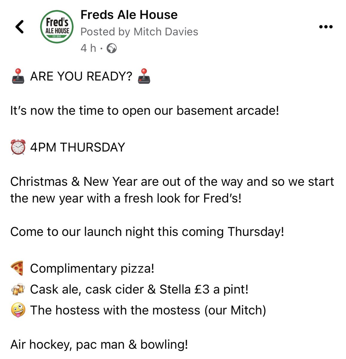 Tonight at Freds Ale House         4pm - Launch of Basement Games Arcade #freepizza           #thirstythursday #CaskAle #Cider #Stella £3 a pint               8pm #Mancity v #Spurs #loveyourlocal 💚❤️