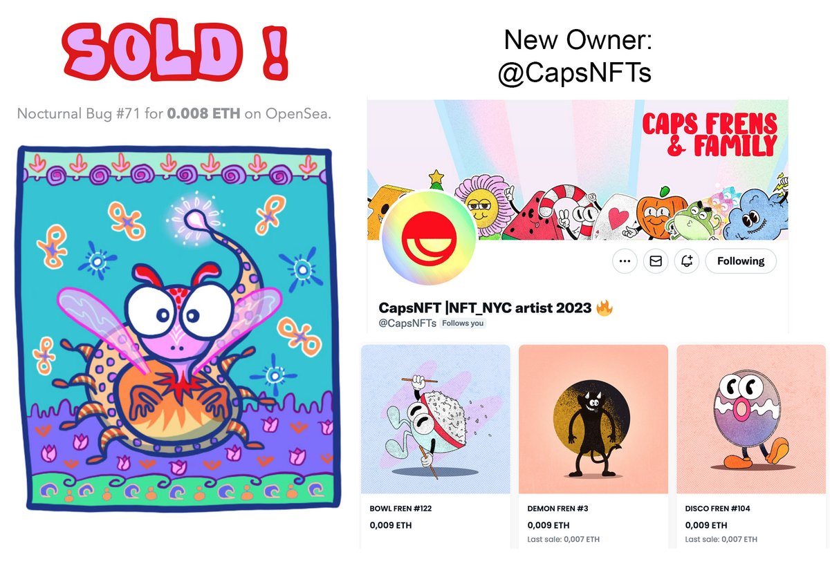 💜🎉 SOLD!! 🎉💜 😍🎊
Nocturnal Bug #71 found a new Friend! 🥳🐛
A huge thank you to you <a href="/CapsNFTs/">Caps │ 🔴</a> for welcoming my Bug in your garden!🪲 🙏🙏😘

✨Follow and support this great artist!!✨
opensea.io/fr/collection/…

#OpenSeaNFT #NFTCommunity #NFTs #nftcollectors #naturelovers