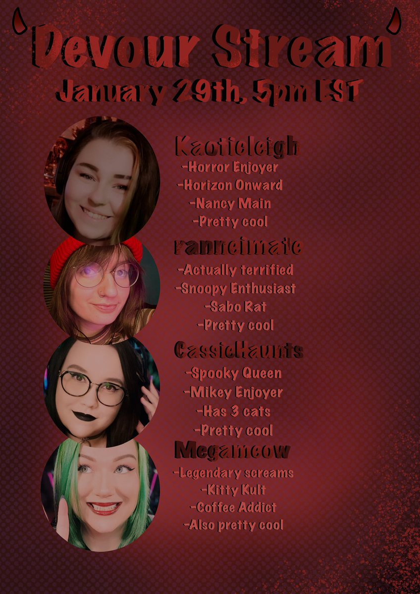 THE WORD IS OUT! 👹
I’m playing with these absolute queens soon, January 29th at 5pm EST, 
IM GONNA PEE MY PANTS! :D