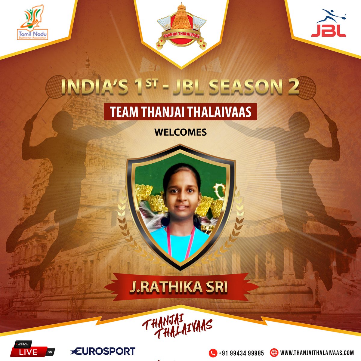 TThalaivaas's tweet photo. Welcoming the most remarkable player J. Rathika Sri of Thanjai Thalaivaas...
#thanjavur #JBLseason2 #thanjaithalaivaas #jblbadmintonleague #tournamaent #january2023 #nehrustadium #jan23 #chennai #Tamilnadu
#badmintonlovers #welcometoteam #greetings #badmintonplayer https://t.co/o5QCq9mEuZ