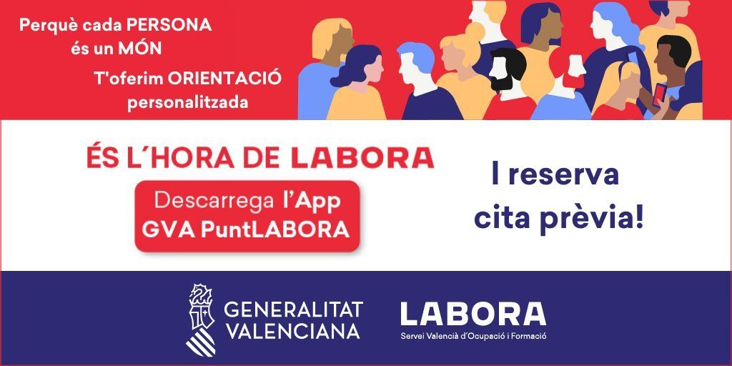 GVAlabora's tweet photo. #bondia☀️
🫱🏼‍🫲🏻Si busques #ocupació, #formació, emprendre...
🔝El nostre personal et guiarà partint de les teues qualitats personals i professionals📄

📅Demana cita prèvia📲 Amb l'app #GvaPuntLabora
➡️https://t.co/VBoCyFWB9G 
🌍 Perquè cada persona és un món... 
⏰ #EsHoraDeLabora https://t.co/JYEU20rH6y