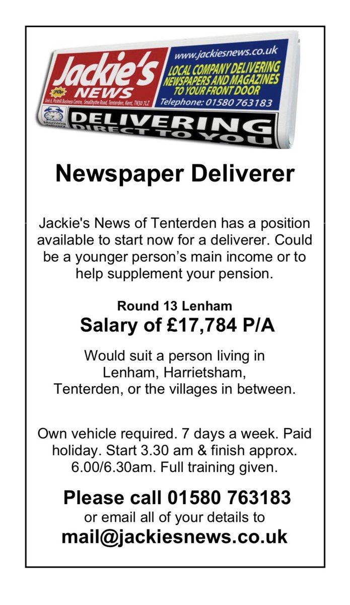 JOB for IMMEDIATE start
send us an email or ring in for details