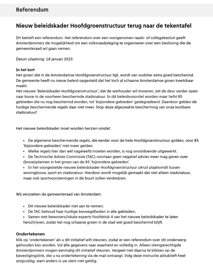 Amsterdammers 📢
#HoofdGroenStructuur 🌱
Vrijdag 20 januari vóór 1200 uur moeten er 1.000 geldige handtekeningen van stemgerechtigde Amsterdammers bij de gemeente binnen zijn. 
Vul álles alsjeblieft volledig in en doe slechts één keer mee.
#Referendum
<a href="/AT5/">AT5</a>
amsterdam.nl/bestuur-organi…