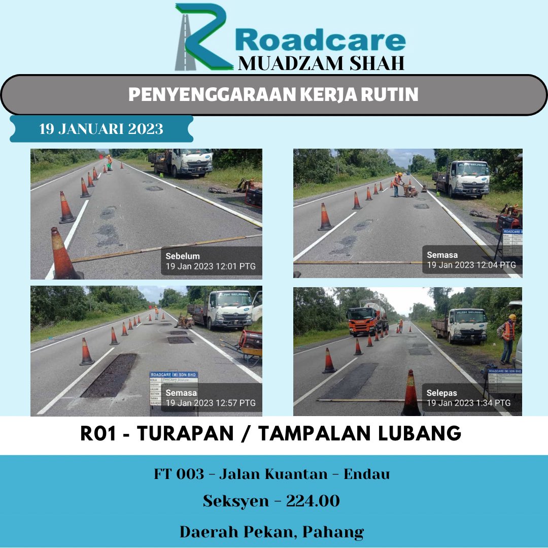 👷🏻‍♂️ #TeamRoadcareMuadzam 🚧
Penyenggaraan Kerja Rutin
R01 - Turapan / Tampalan Lubang

19 Januari 2023
FT 003 - Jalan Kuantan - Endau
Seksyen - 224.00
Daerah Pekan, Pahang

<a href="/JKRMalaysia/">JKR Malaysia</a> 
<a href="/JKRPAHANG/">JKR PAHANG</a> 
<a href="/JKRPekan/">JKR PEKAN</a> 
<a href="/Roadcare_HQ/">ROADCARE (M) SDN BHD</a> 
<a href="/Roadcare_Phg/">ROADCARE PAHANG</a>