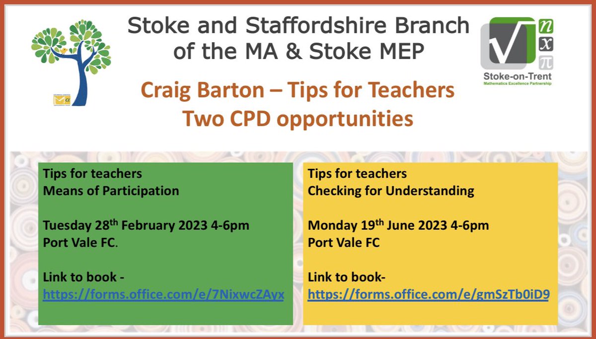 Two great opportunities coming soon- <a href="/mrbartonmaths/">Craig Barton</a> returns to Stoke  with two ‘Tips for Teachers’ sessions.
Means of participation - forms.office.com/e/7NixwcZAyx and Checking for understanding - forms.office.com/e/gmSzTb0iD9