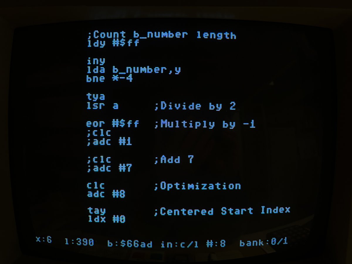 gregnacu's tweet photo. Center a text line in a fixed-width buffer? Count string length, divide by 2, multiply by -1, add half the fixed buffer width, that's the centered line start index. #C64 #asm6502 Here it is in 6502, with a 14-char fixed-width buffer. Includes an optimization. See the result. https://t.co/5XCxB2kbZa
