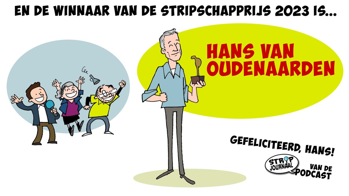 Van harte gefeliciteerd met de Stripschapprijs Hans van Oudenaarden <a href="/VanoComics/">Hans van Oudenaarden</a>! 
De winnaar van de Stripschapprijs werd bekend gemaakt in de Stripjournaal #podcast. Je kunt zijn verraste reactie hier zien/horen: stripjournaal.com/.../bekendmaki…