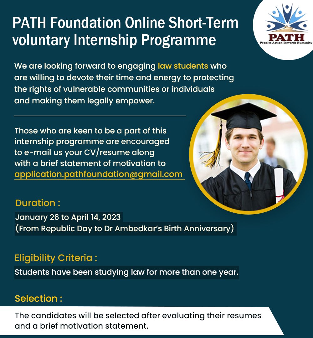 Law Student online short-term Internship Opportunity: Join the PATH Foundation to Protect the Rights of Vulnerable Communities.

Interested law students can send CV & Statements of motivation to application.pathfoundation@gmail.com

#pathfoundation #legalempowerment