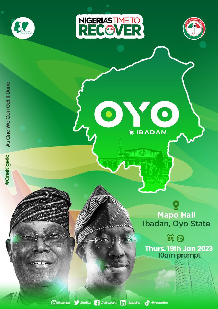 DemolaRewaju's tweet photo. Becoming clear that Atiku Abubakar is the only nationally accepted candidate strong enough to win votes from every single state in Nigeria.

Oyo will today speak loudly to #RecoverNigeria and permutations on the SW will be shattered by The Unifier on February 25.

#OnlyAtiku https://t.co/PEYu0KbBvd